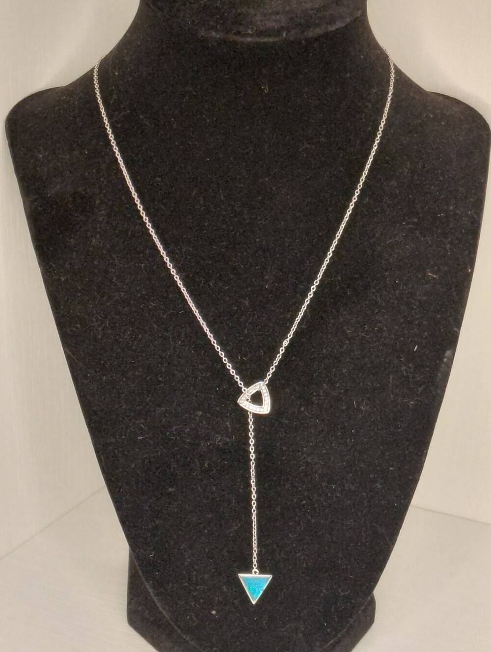 New Adjustable Silver Teardrop & Blue Opal Triangle Lariat Necklace - Women